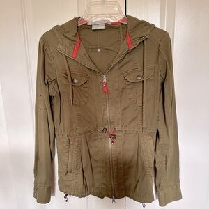 Athleta olive, hooded utility jacket w/bright pink accents, waist cinch, size S